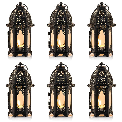 NUPTIO 6 Pcs Hanging Candle Holder Lantern Centerpiece Table/Hanging Glass Hexagon Moroccan Candle Lantern Holders, Black