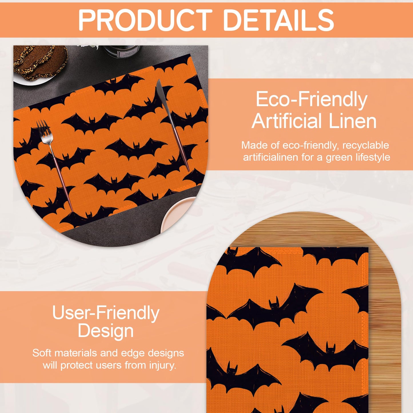 Halloween Bats Placemat Set of 6,Heat Resistant Linen Table Mats for Indoor Outdoor Home Kitchen Dining Room Table 12x18Inch