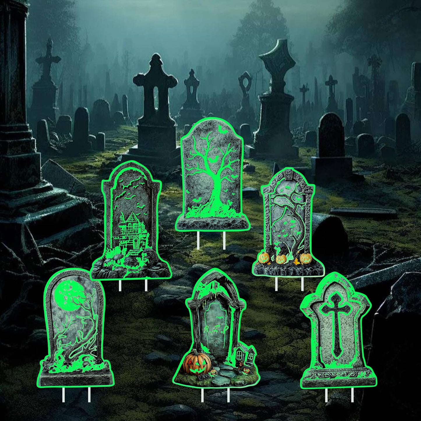 Halloween Tombstone Decorations Outdoor, 6PCS 14" Glow in the Dark Graveyard Yard Signs with Stakes, Haunted Gravestones Lawn Signs for Halloween Cemetery Garden Yard Decoration Supplies