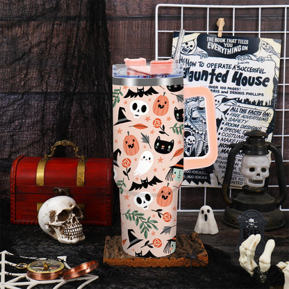 JarThenaAMCS 40oz Halloween Tumbler with Handle Straw and Lid Spooky Skull Ghost Pumpkin Travel Tumbler Coffee Cup for Holiday Party Home Office