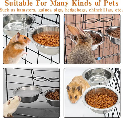 kathson Stainless Steel Bird Bowls for Cage, 2 PCS Metal Pet Food Water Dishes with Holder Feeder Cage Coop Hook Feeder Cups for Birds, Parrots, Small Sized Dogs and Cats (6.7 Inch Dia)