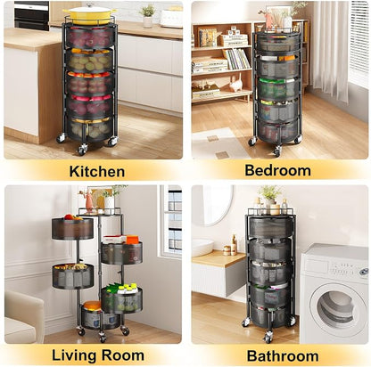 SNTD Fruit and Vegetable Basket Bowls for Kitchen with Metal Top Lid, 5 Tier Rotating Storage Rack Cart for Potato Onion Bread Banana, Wire Basket Organizer on Wheels, Large, Black