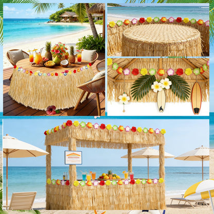 2 Pack Hawaiian Grass Table Skirt 108" x 29.5", Laua Party Decorations Grass Skirt for Table with Flowers, Hawaiian Party Decor for Luau Birthday Beach Tropical Summer Party Supplies