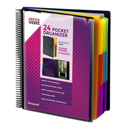 Performore 24 Pocket Spiral Project Organizer with 12 Dividers, Fits 8.5" X 11" Letter Size Papers Folder with Dividers, Front and Back Customizable Covers, Erasable Write On Tabs for Documents Files