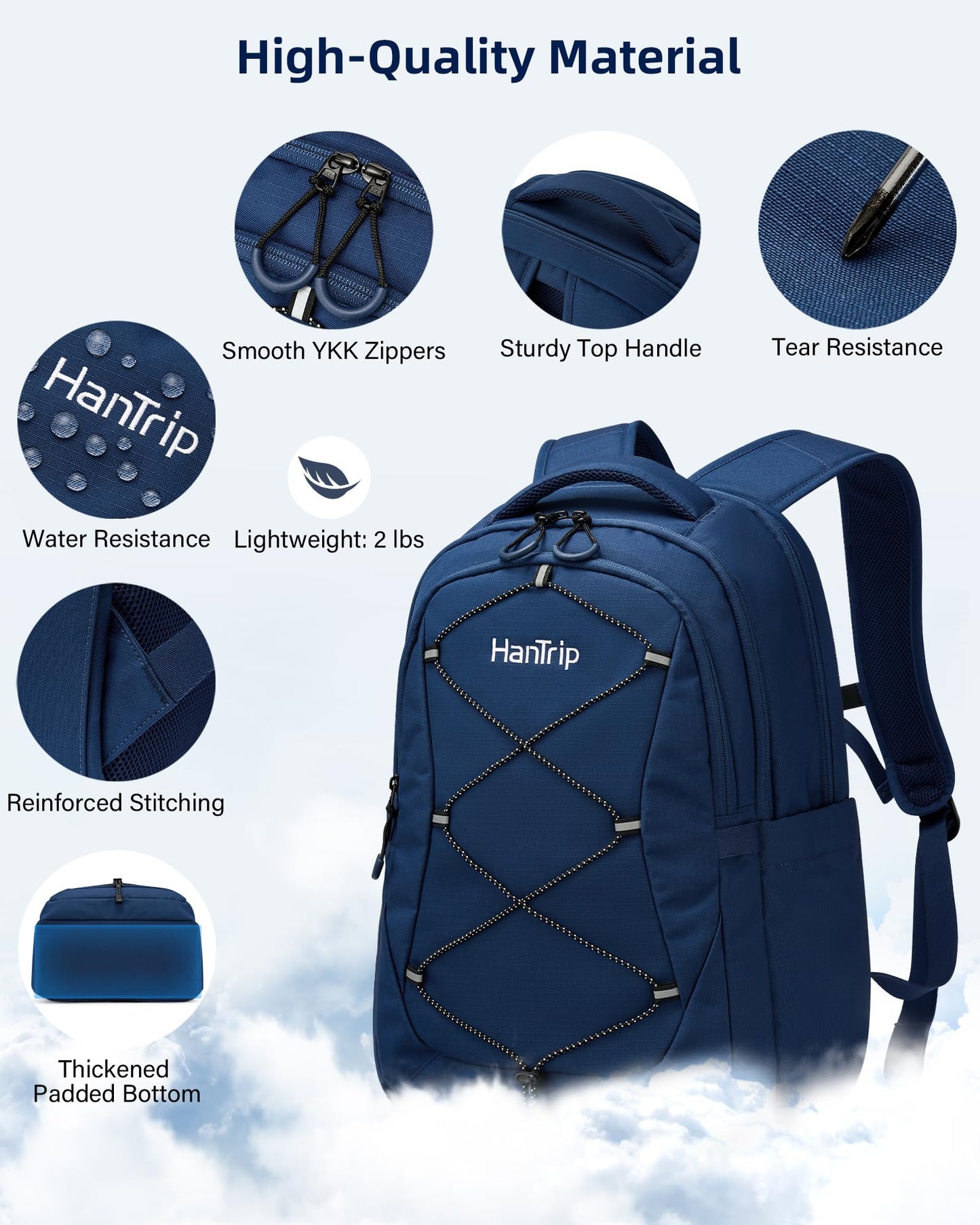HanTrip Travel Laptop Backpacks for Women Men, Large Work Backpack for Commuter College School Book Bags, Reflective Water Resistant Backpack with Luggage Strap Bottle Pocket Chest Strap, Navy Blue
