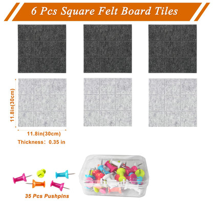 HULAVO Large Square Felt Cork Board Tiles, Self Adhesive DIY Felt Bulletin Board with 35 Pushpins for Office School Home Wall Decor Stickers Memos (Deep & Light Grey)