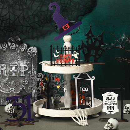 Soaoo 7 Pcs Halloween Wood Centerpieces Decorations 3D Halloween Tiered Tray Wood Decor Spooky Theme Decorations Ghost Party Table Topper for Home Table Shelf Party Display Centerpieces Photo Prop