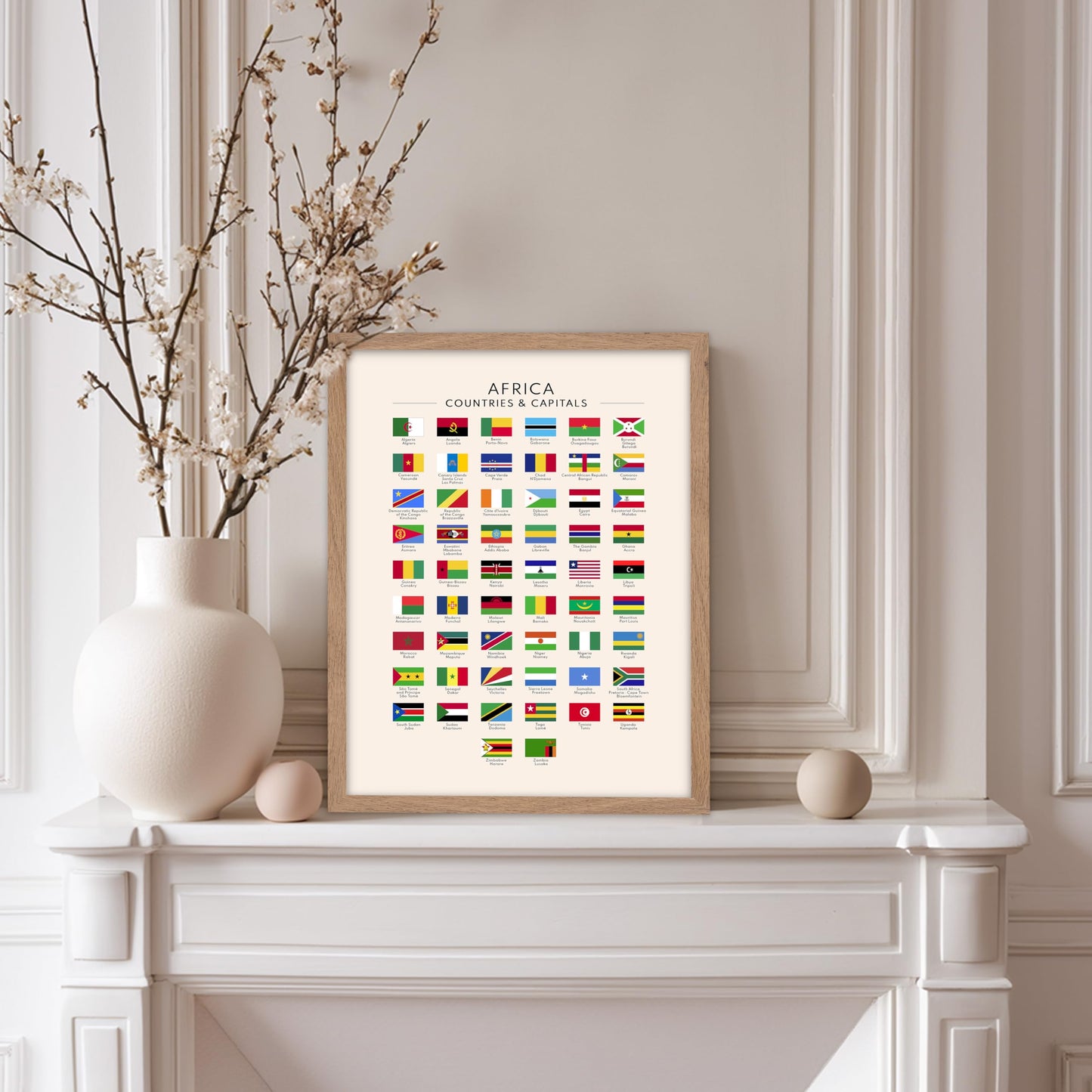 Poster Master Flags of Africa Poster - African Countries & Capitals Print - Learning Materials Art - Flag Art - Gift for Students & Teachers - Decor for Classroom or Library, 11x14 Beige Framed