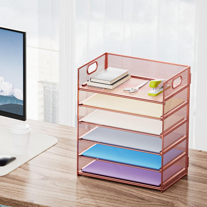 Marbrasse 6 Tier Paper Organizer Letter Tray - Mesh Desk File Organizer with Handle, Paper Sorter Organizer for Letter/A4 Office File Folder Holder - Rose Gold