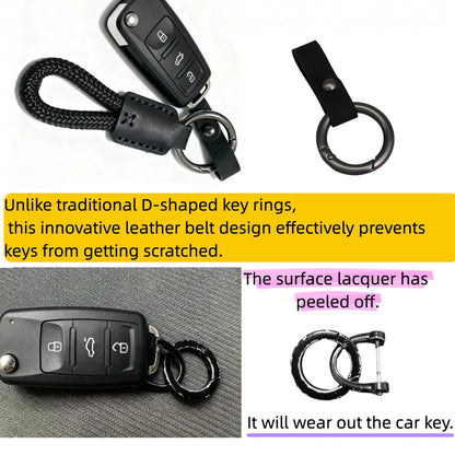 FQJOYL Leather Keychain for Car Keys - Genuine Cowhide Key Fob Holder with Braided Rope Loop, Anti-Scratch Belt & Gunmetal O-Ring, Silent Minimalist Key Chain for Women & Men, Gift for Her & Him