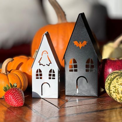 Spooky Halloween House Tea Light Candle Lanterns, Set of 2, Bat Black and Ghost Ivory, Metal, 6.25 and 4.75 Inches, Gabled Roof-Tops, Windows,