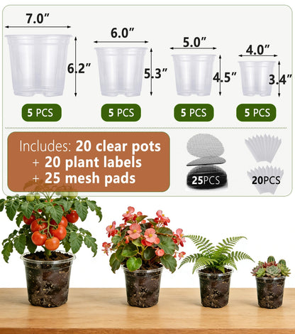 RZOIKZOI 20-Pack Clear Nursery Pots with Drainage Holes (4/5/6/7 Inch) – Transparent Plastic Plant Pots with 20 Labels, Assorted Sizes for Seed Starting, Succulents, Indoor and Outdoor Use
