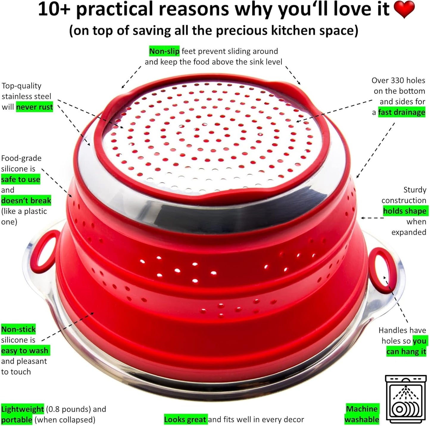 Collapsible Colander and Funnel - Stainless Steel Meets Red Silicone. RV Accessories for Inside, Camper Organization and Storage Idea, Motorhome, Camp or Travel Trailer, 5th Wheel, Boat, Small Kitchen