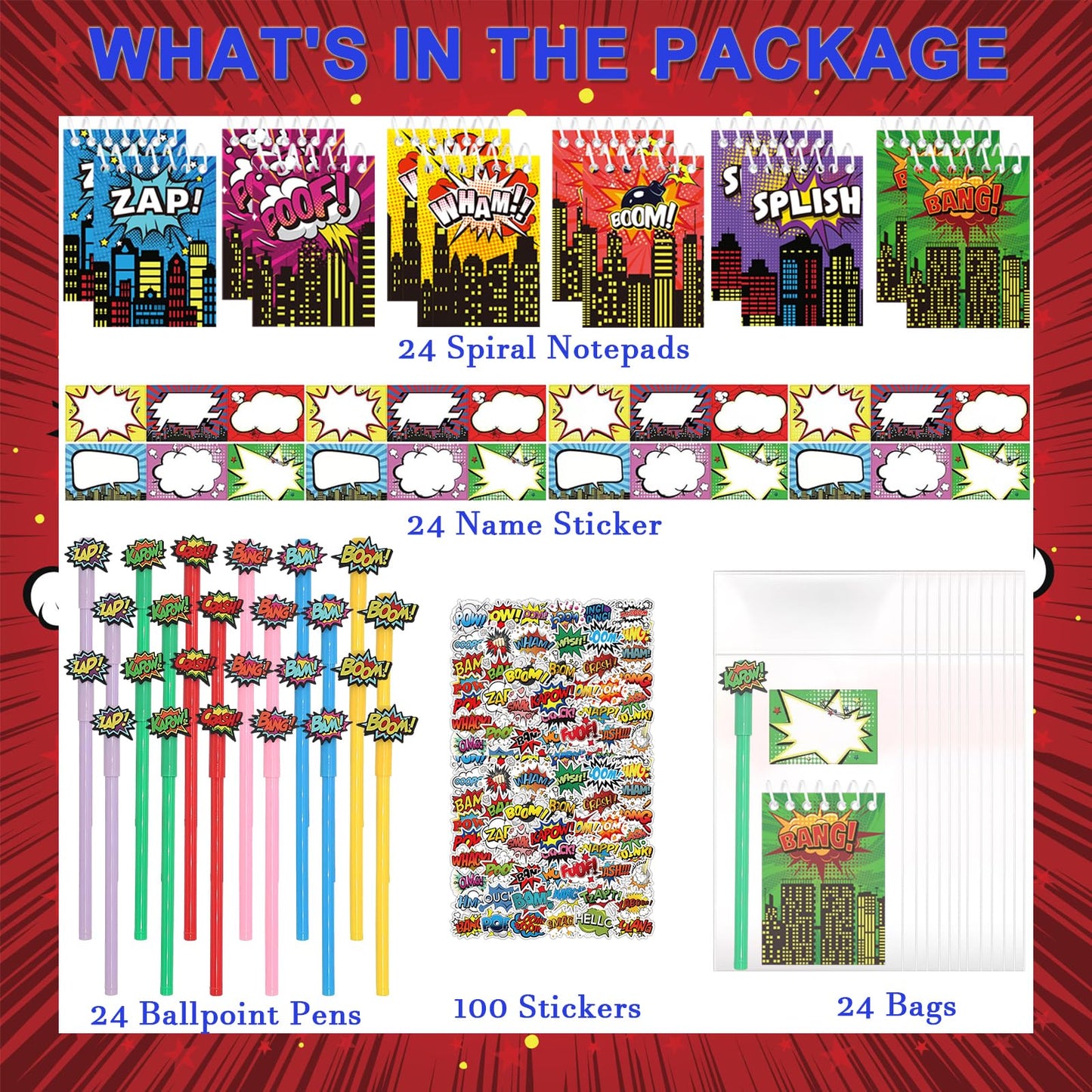 APZ 196 Pcs Hero Party Supplies Favors Include 24 Pack Spiral Notepads Ballpoint Pens Name Sticker Bags 100 Pcs Stickers for Party Birthday Goodie Bag Stuffers Teacher Classroom Rewards Supplies