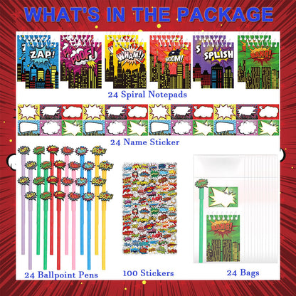 APZ 196 Pcs Hero Party Supplies Favors Include 24 Pack Spiral Notepads Ballpoint Pens Name Sticker Bags 100 Pcs Stickers for Party Birthday Goodie Bag Stuffers Teacher Classroom Rewards Supplies