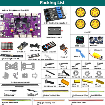 Adeept 4WD Smart Car Kit(Compatible with Arduino IDE), Line Tracking, Light Tracing, Obstacle Avoidance, Servo Motor, OLED Display, Buzzer, LED Dot Matrix Display