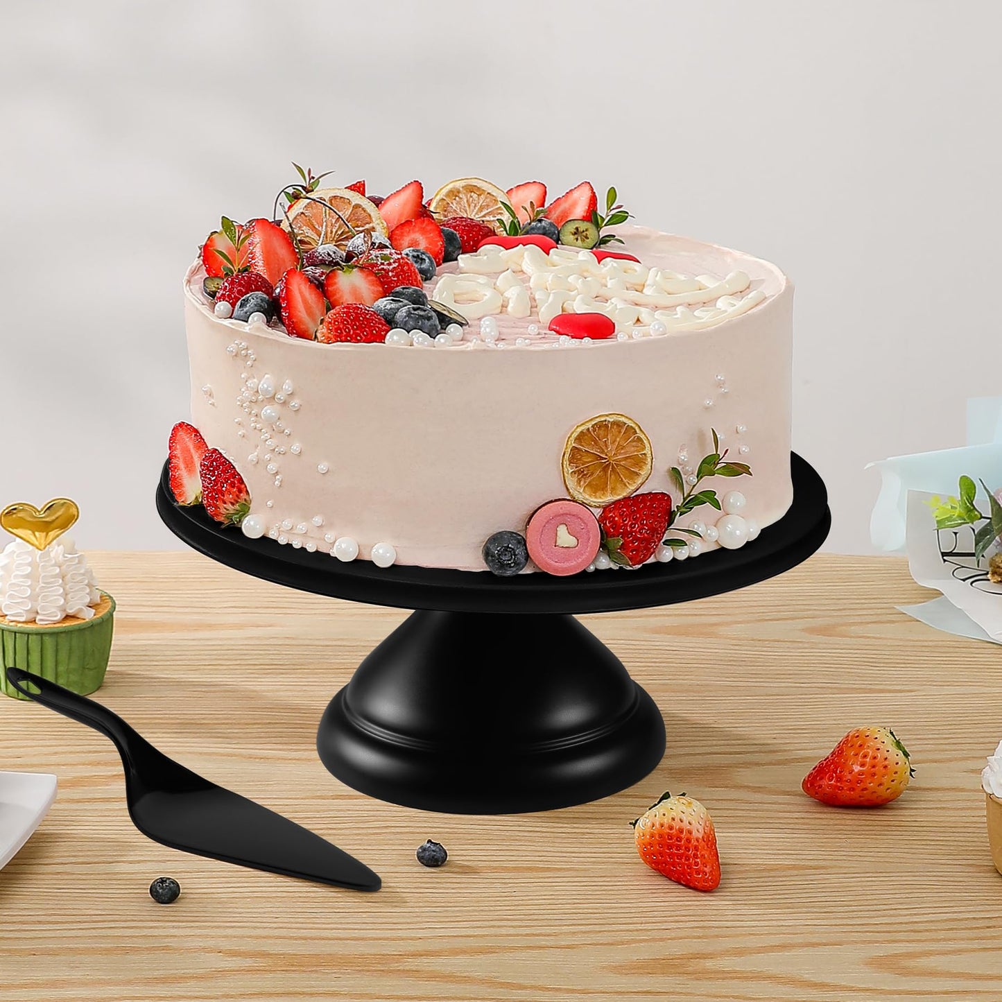 ECOWAY Bamboo Fiber Cake Stand 12 Inch with Cake Spatula, Black Round Cupcake Stand Large Dessert Stand, Cake Decorating Display Stand for Birthday Parties, Weddings, Baby Shower and Other Events