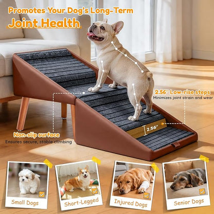 17" H Dog Stairs for Small Dogs – 4-Step Non-Slip Dog Ramp for Couch, Foldable 2-in-1 Pet Stairs & Ottoman, Upgraded Pet Steps for Puppies, Senior Dogs & Injured Pets, Solid Wood Frame (Brown)