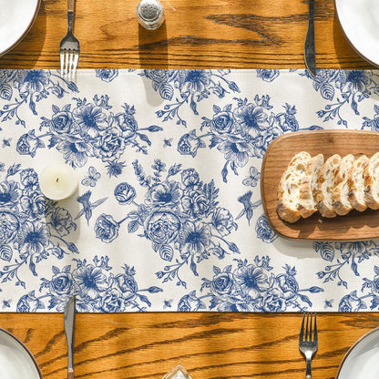 Artoid Mode Spring Navy Blue Floral Chinoiserie Table Runner, Seasonal Summer Kitchen Dining Table Decoration for Home Party Decor 13x90 Inch