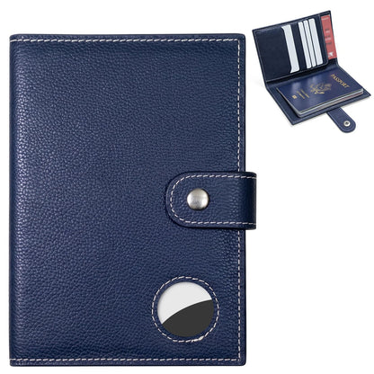 Genuine Leather Passport Holder for Travel, RFID Blocking Passport Wallet with Tracker Holder, Slim Passport Cover Travel Wallet for Women Men, Airport Essentials (Blue)