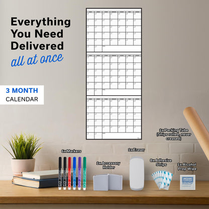 3 Month Dry Erase Calendar for Wall 40x17, Large Three Monthly Reusable Planner, Big Dry Office Erase, Rolled Whiteboard White Board, Classroom Calendar Undated Giant for Wall Erasable Family