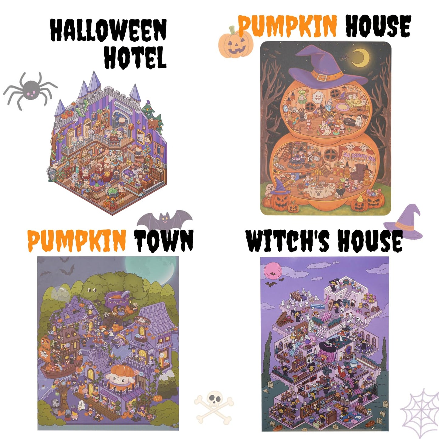 Halloween Extra Large Scene Stickers Set Include 4 Big Size 3D DIY Sticker with Background Card & Tweezer: Miniature House & Room Creative Play Kits for Adults Stress Relief Pass Time