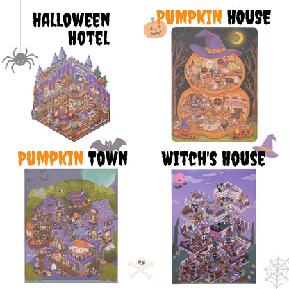 Halloween Extra Large Scene Stickers Set Include 4 Big Size 3D DIY Sticker with Background Card & Tweezer: Miniature House & Room Creative Play Kits for Adults Stress Relief Pass Time