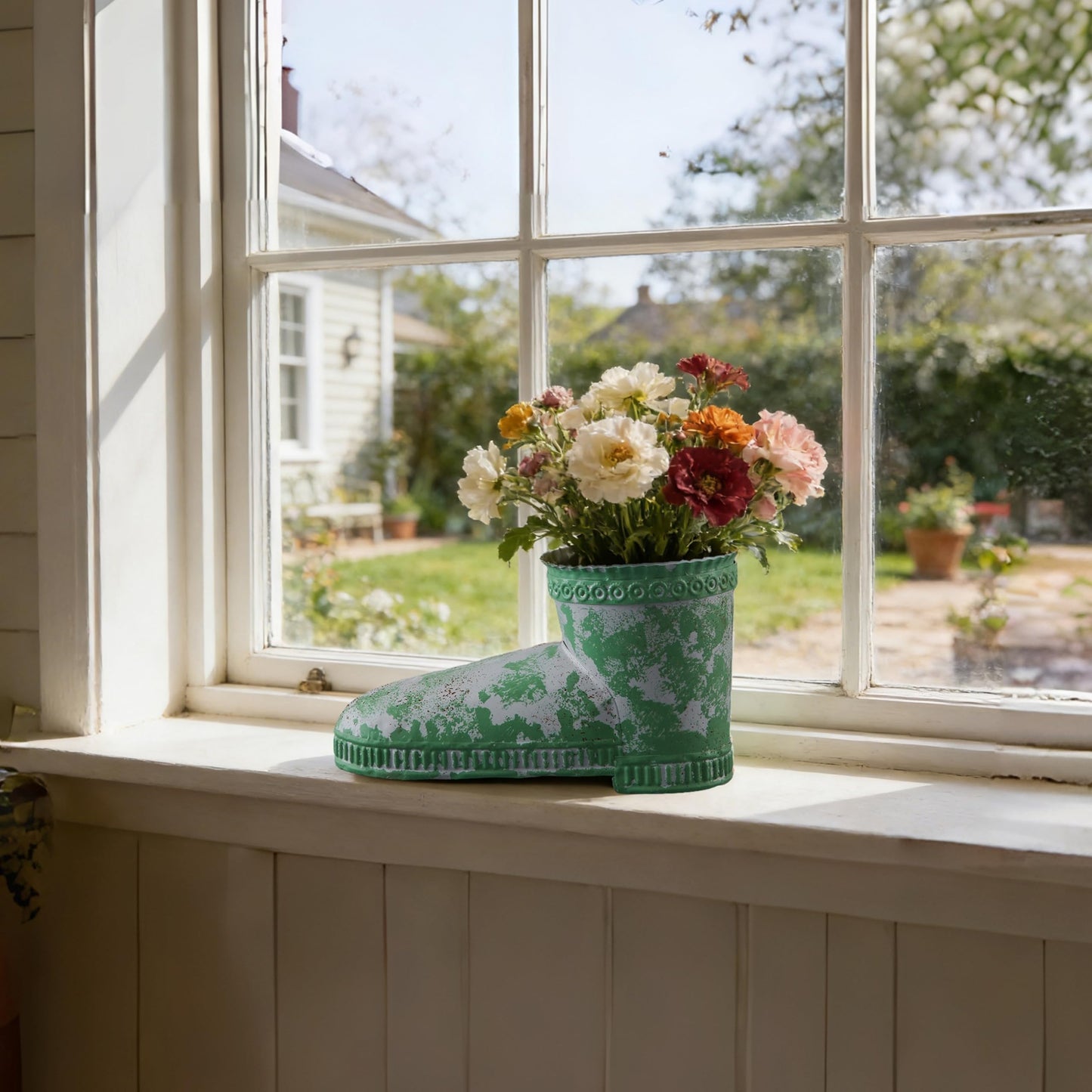 SOFE Rustic Boot Planter, Metal Decorative Flower Pots for Succulents, Herbs, Indoor/Outdoor Boot Vase, Unique Country Home Decor, Green Distressed Finish