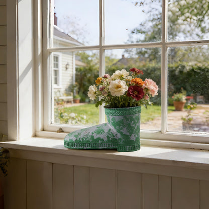 SOFE Rustic Boot Planter, Metal Decorative Flower Pots for Succulents, Herbs, Indoor/Outdoor Boot Vase, Unique Country Home Decor, Green Distressed Finish