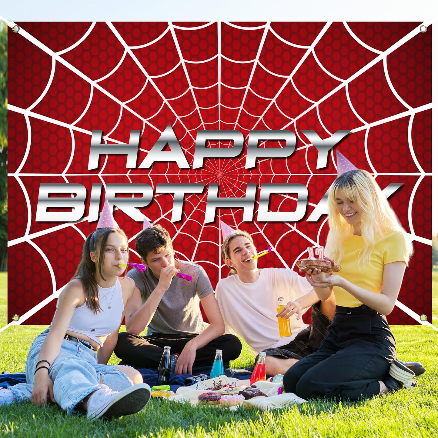 HunnmingRe 7 x 5 ft Happy Birthday Spider Web Backdrop Party Decoration Supplies Theme Banner Backdrop Decor for Birthday Party Photography Background Photo Props
