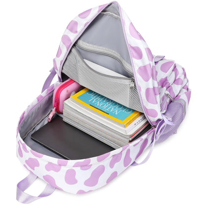 abshoo School Backpack for Girls Bookbag with Lunch Bag Teen Girls School Bag Travel Daypack (Cow Print Purple)