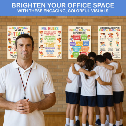 Lalunia 4 Pcs Classroom Exercise Posters (11x16) - Physical Education Class Rules Poster Decoration, Welcome to P.E Wall Art, Kids Workout Activity, Sports Education Supplies for PE Teachers