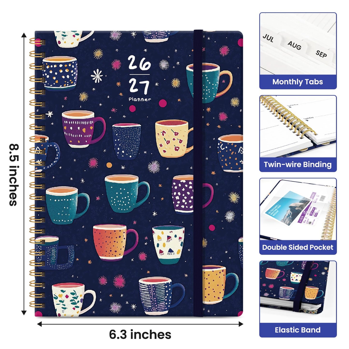 Planner 2026–2027, Weekly & Monthly Academic Organizer for School Year, Jul 2026–Jun 2027, Hardcover Planner with Tabs, Back to School Essential, 6.3" x 8.5", Caffeine Mosaic