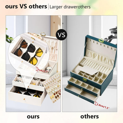 GALHUBIS Jewelry Box, 3 Layers Leather Jewelry Storage Display Box for Women, Gift Case, 2 Drawers, Large Capacity for Necklace Earrings Bracelets Rings, White