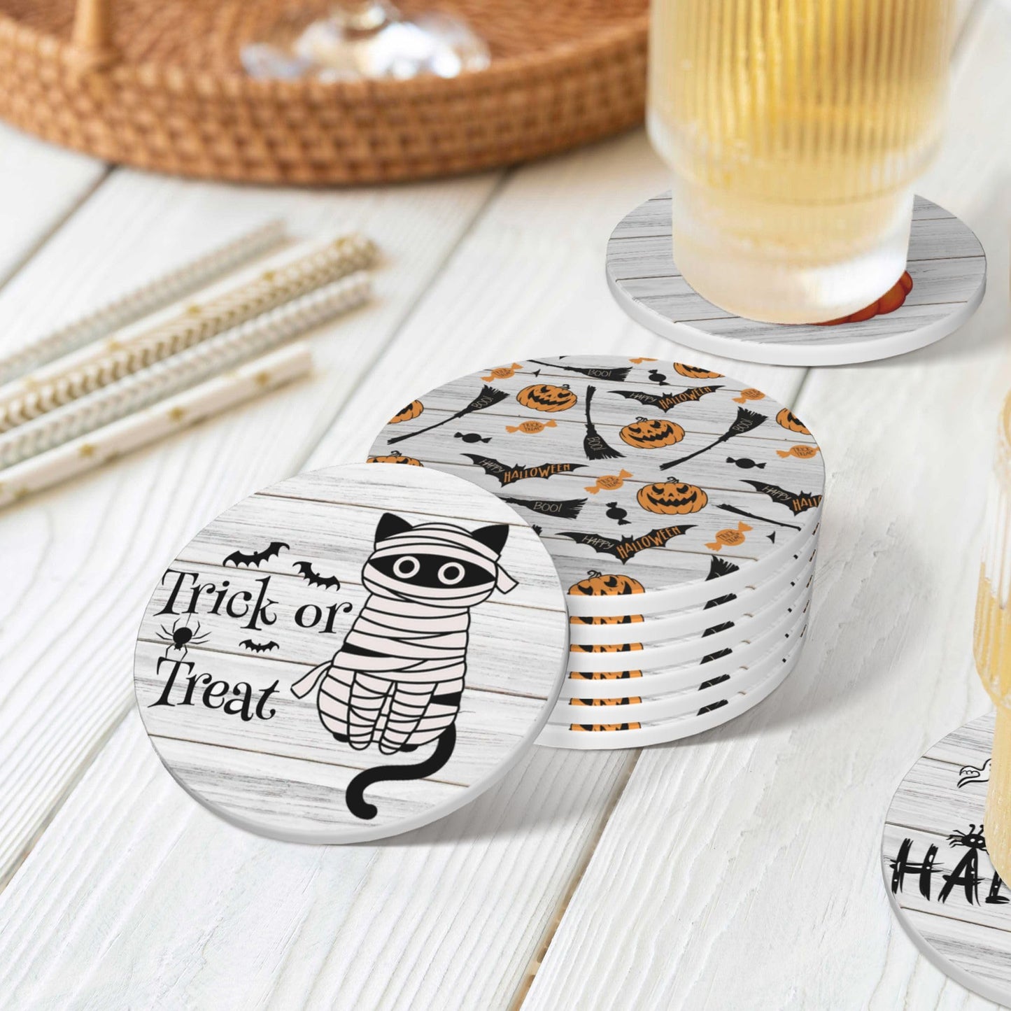 Coaster for Coffee Table Halloween Absorbent Coasters Set - Spooky, Decorative Drink Coasters for Home, Office, and Parties - 6-Pack with Holder Wooden Background