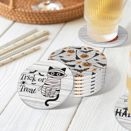 Coaster for Coffee Table Halloween Absorbent Coasters Set - Spooky, Decorative Drink Coasters for Home, Office, and Parties - 6-Pack with Holder Wooden Background