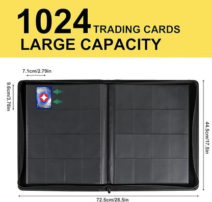 GEAoffice 16 Pocket Trading Card Binder for 1000+ Cards, Ringless Side-Loading 4x4 Card Binder with Zipper Closure, PU Leather 1024 Card Binder for MTG/TCG/Baseball/Sports&Game Cards, Yellow