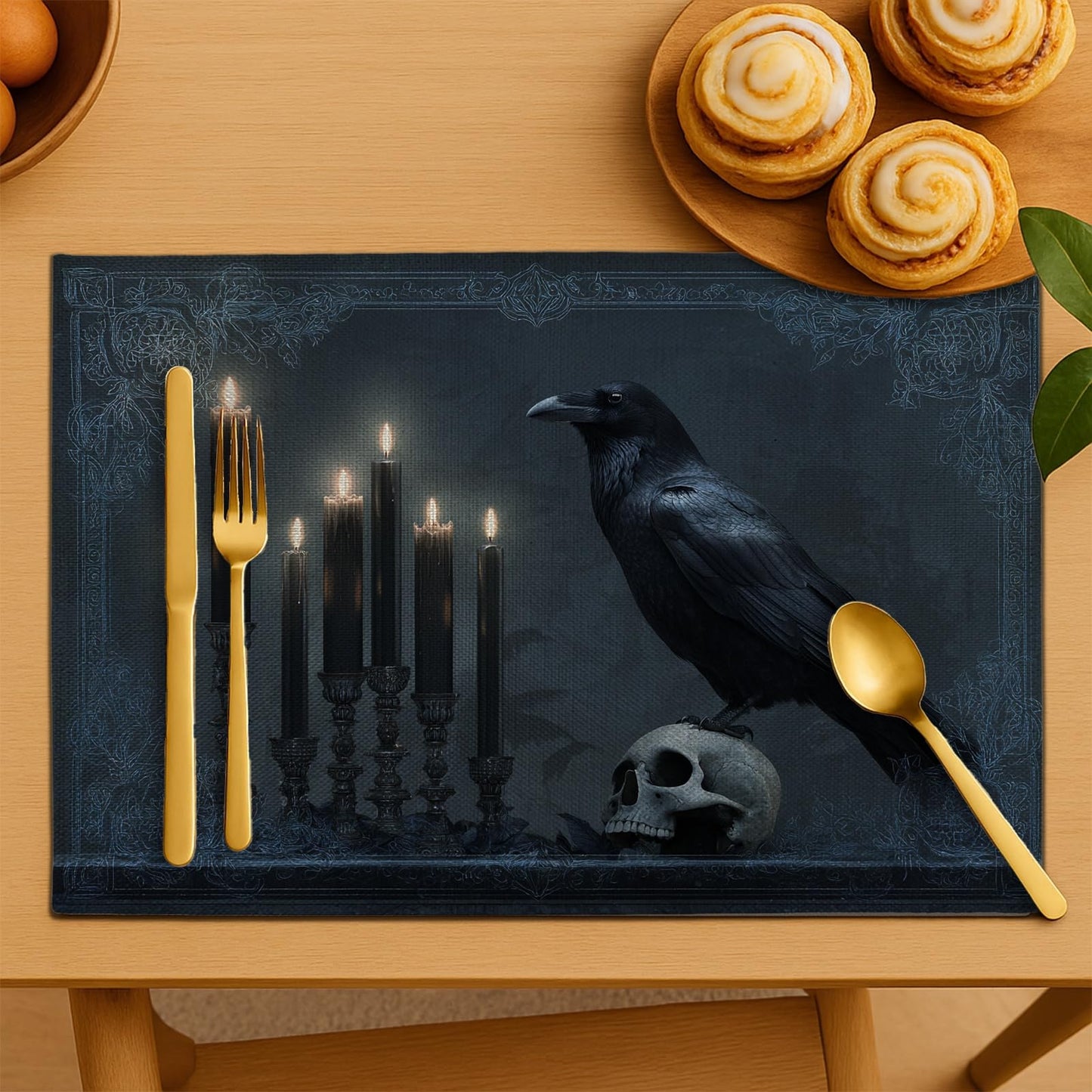 Gothic Black Raven Placemats, Dark Halloween Table Mats for Dining Room, Non-Slip Washable Indoor Outdoor Decorative Placemats Set of 4