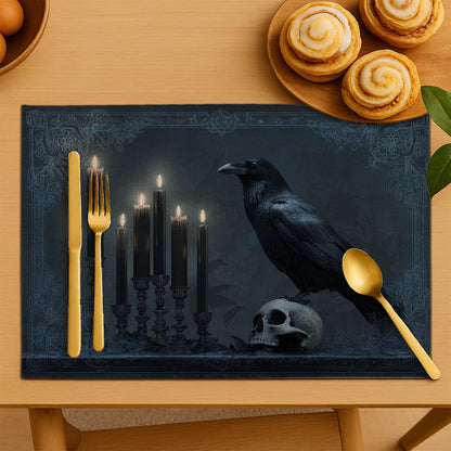 Gothic Black Raven Placemats, Dark Halloween Table Mats for Dining Room, Non-Slip Washable Indoor Outdoor Decorative Placemats Set of 4