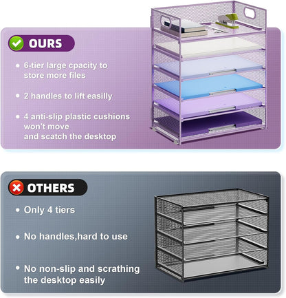 Marbrasse 6 Tier Paper Organizer Letter Tray - Mesh Desk File Organizer with Handle, Paper Sorter for Letter/A4 Office File Folder Holder - Purple