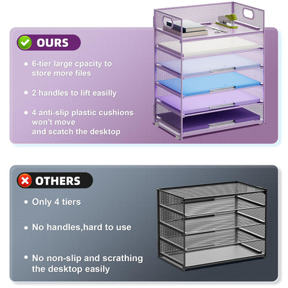 Marbrasse 6 Tier Paper Organizer Letter Tray - Mesh Desk File Organizer with Handle, Paper Sorter for Letter/A4 Office File Folder Holder - Purple