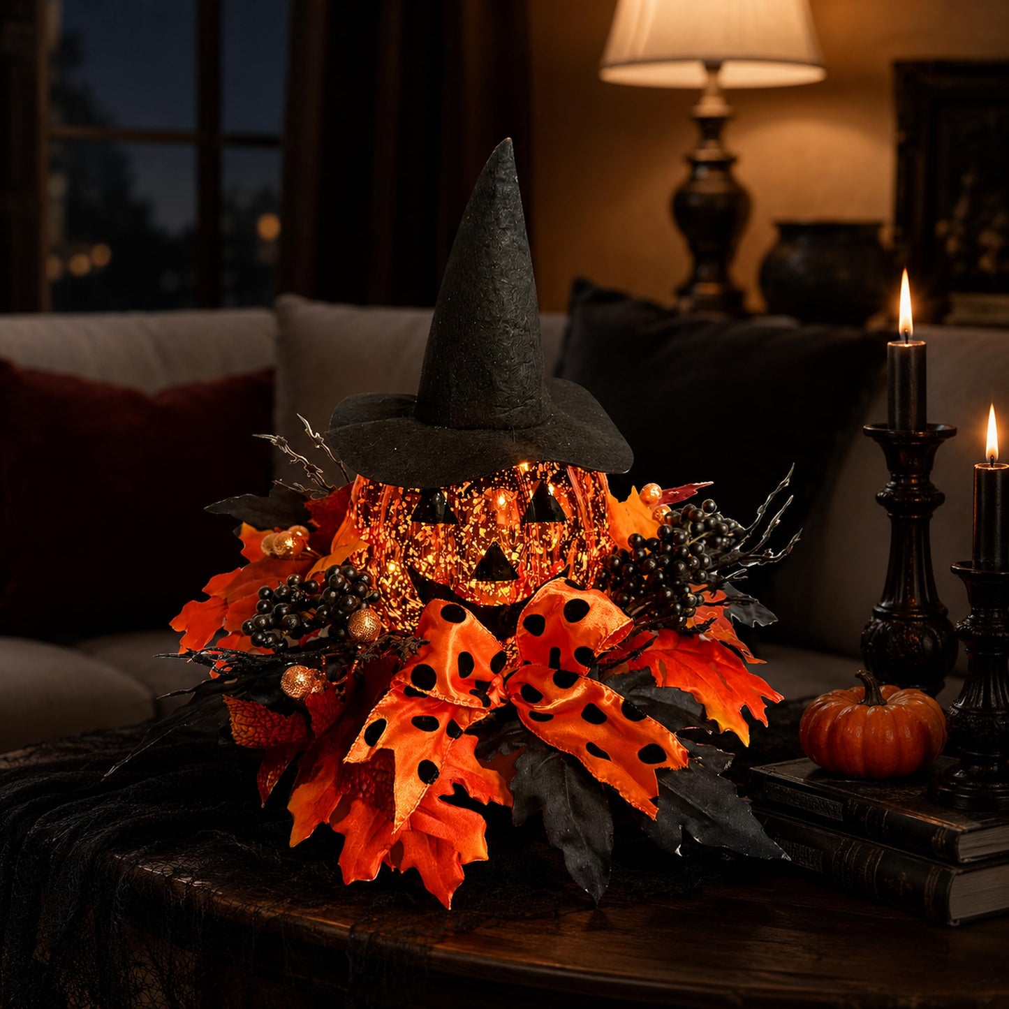 Svndlyn 15 Inch Lighted Halloween Pumpkin Decor with Witch Hat and Bow