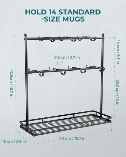 OROPY Coffee Mug Holder for Countertop, 14-Hook Mug Tree Rack for 14 Cups, 2 Tier Mug Display Stand with Heavy Duty Metal Base