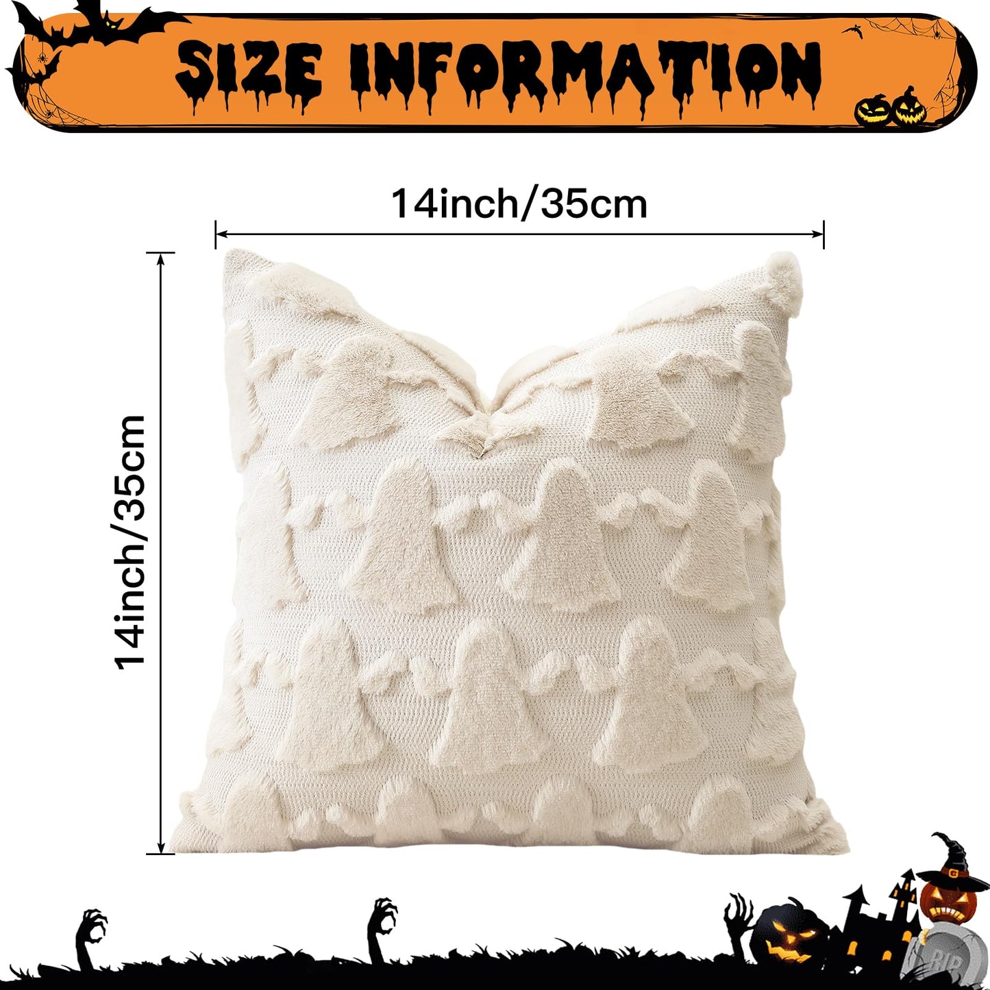 OTOSTAR Set of 2 Ghost Pillow Covers Halloween Throw Pillow Covers for Sofa Couch Bed Living Room Soft Plush Short Wool Velvet Farmhouse Throw Pillow Covers for Thanksgiving Cream Beige 14x14 Inch