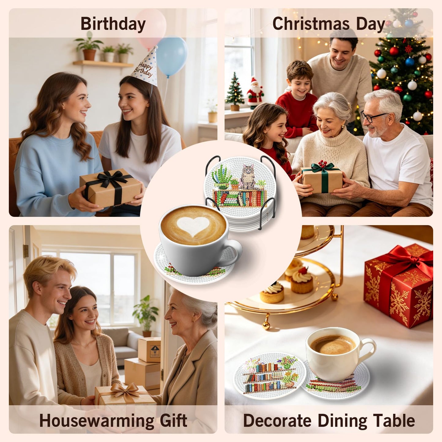 GEEHEIY Book Lover Diamond Art Coasters Kit for Adults, 8PCS DIY Floral Bookshelf Diamond Painting Coasters with Holder, Cozy Reading Aesthetic Home Decor Gifts