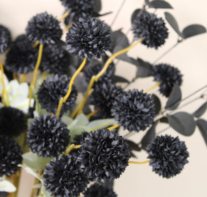 RyddeligHome Black Artificial Flowers for Centerpieces Bulk 10 Long Stems /50 Small Faux Silk Mum Balls + Black Eucalyptus Stems 2 Branches, Fall Boho Halloween Home Decor Indoor, Gothic Flowers