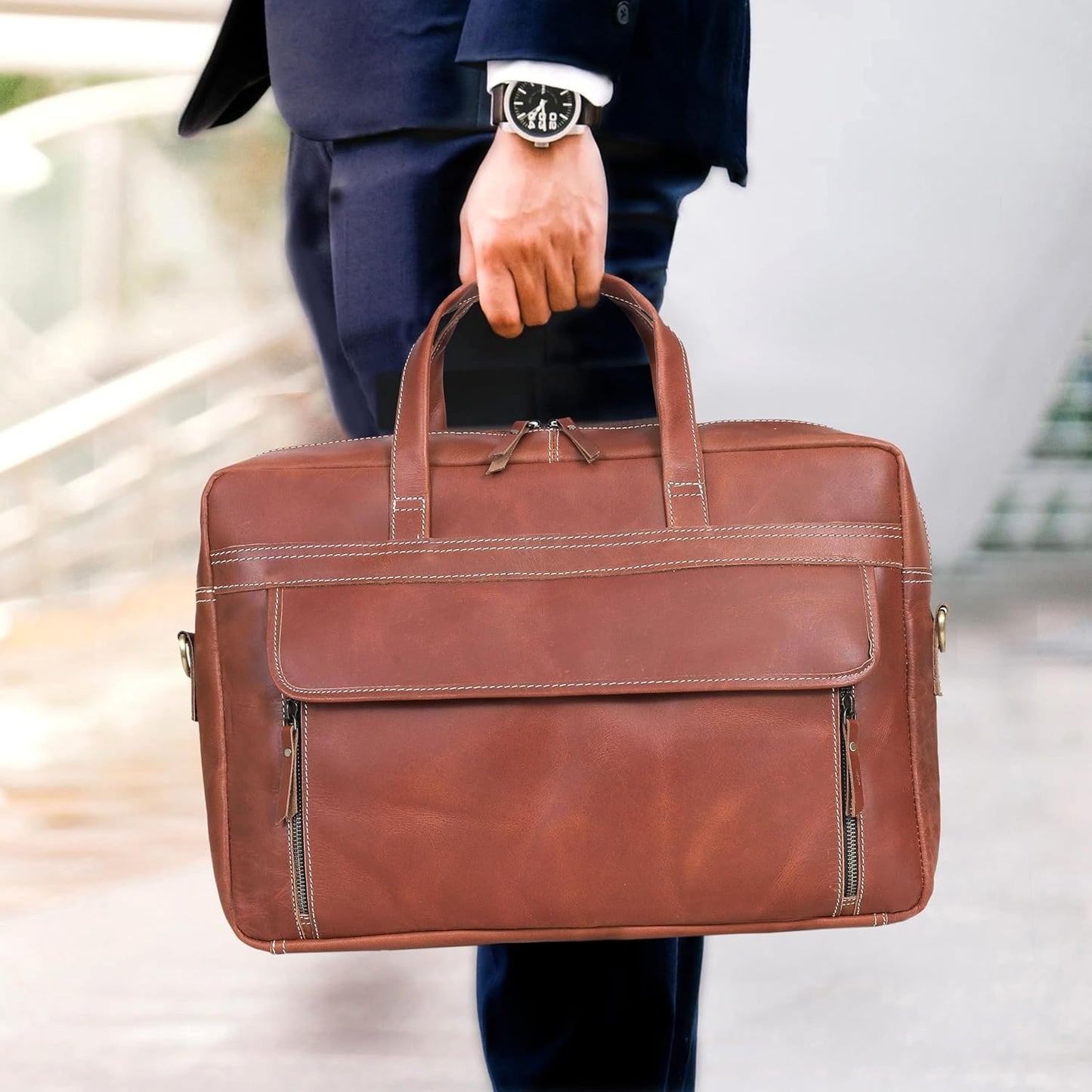 Full Grain italian Leather Briefcase for Men Top Choice Gifts Handcrafted Laptop Bag with Multiple Compartments