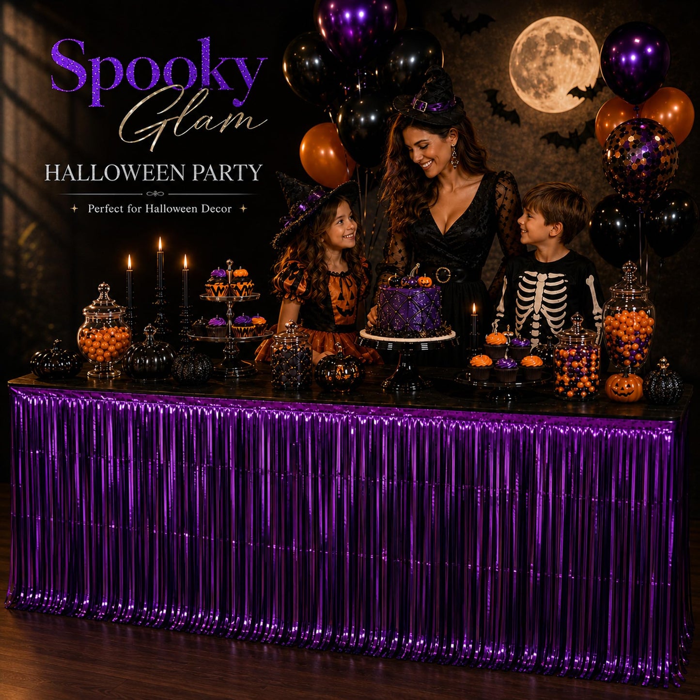WIEPENGLNA 4-Pack Purple Foil Fringe Table Skirt, Disposable Metallic Tinsel Streamers, Photo Backdrop Party Decorations for Mardi Gras, Halloween, Mermaid Theme, Fairy & Graduation, 29x108 Inch