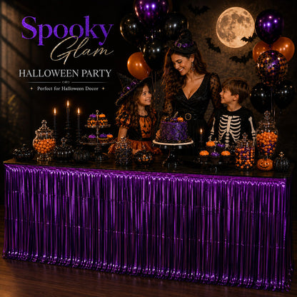 WIEPENGLNA 4-Pack Purple Foil Fringe Table Skirt, Disposable Metallic Tinsel Streamers, Photo Backdrop Party Decorations for Mardi Gras, Halloween, Mermaid Theme, Fairy & Graduation, 29x108 Inch