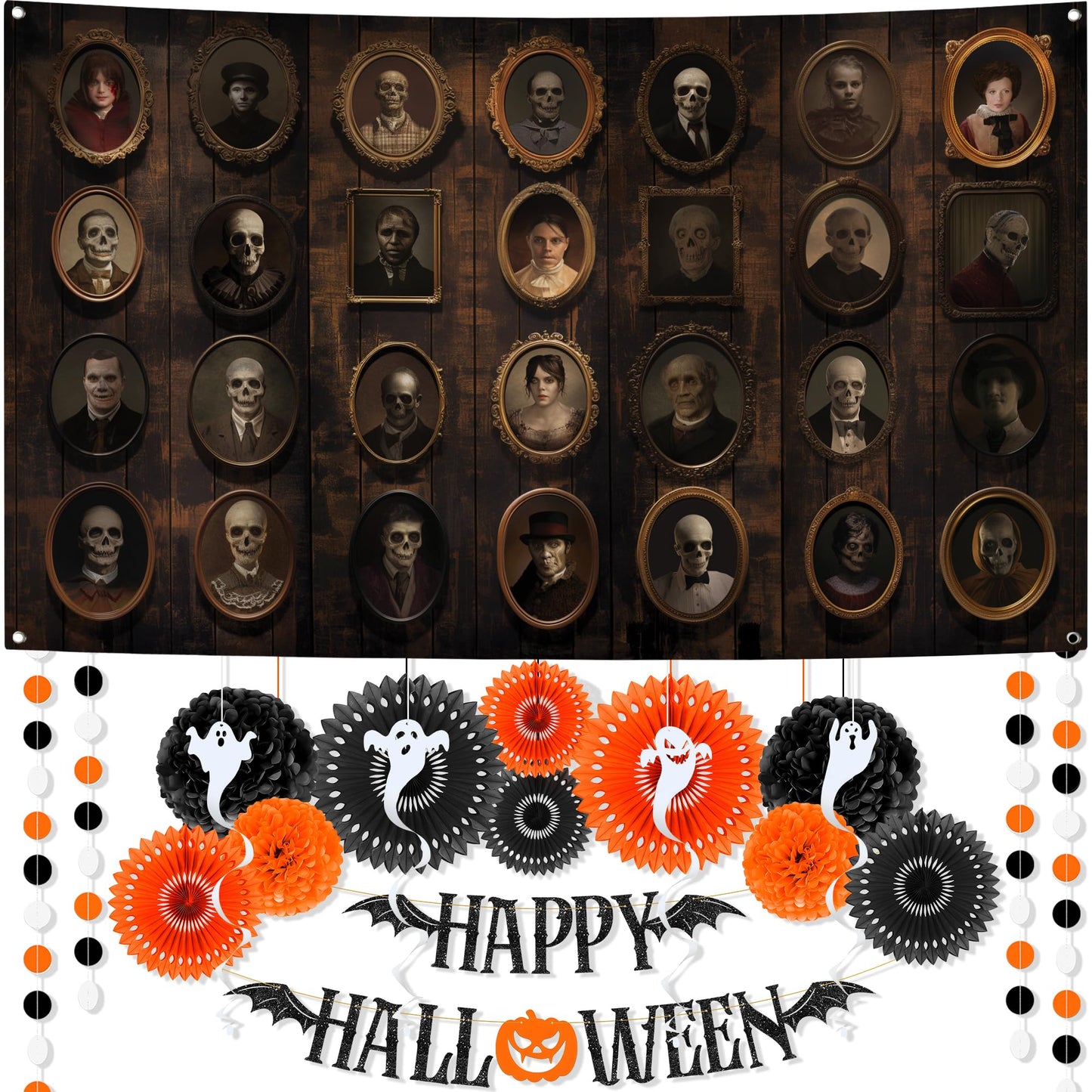 KatchOn, Happy Halloween Party Decoration Set - Pack of 17 | Garlands & Wall Portrait Banner | XtraLarge 72x44 Inch- halloween Banner | Wall Backdrop,Hanging Swirl For Halloween Decorations